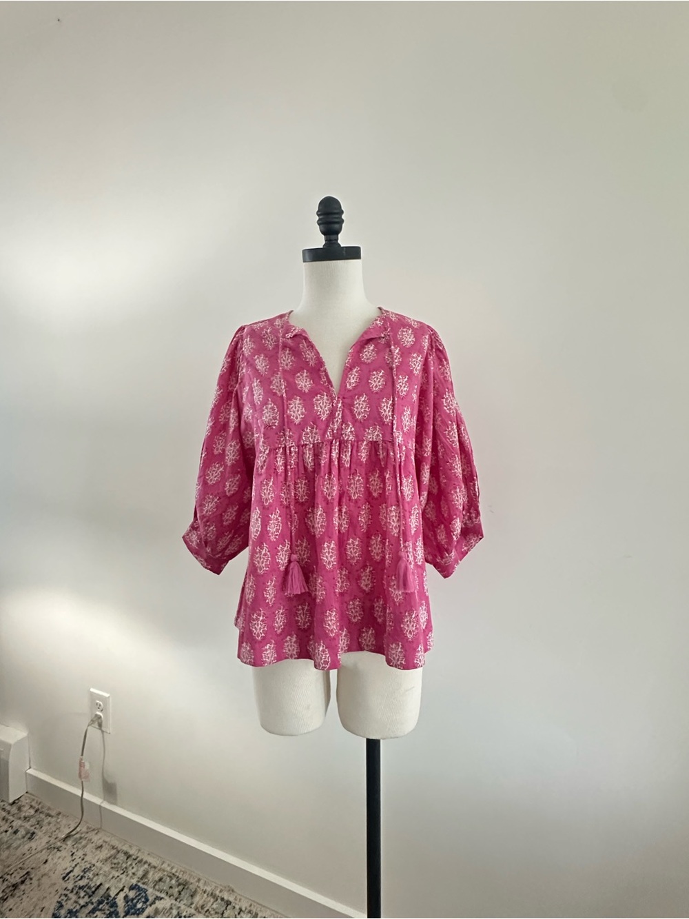 MAREA - Pink Block Print Puff Sleeve Peasant Blouse - Picture 2 of 7